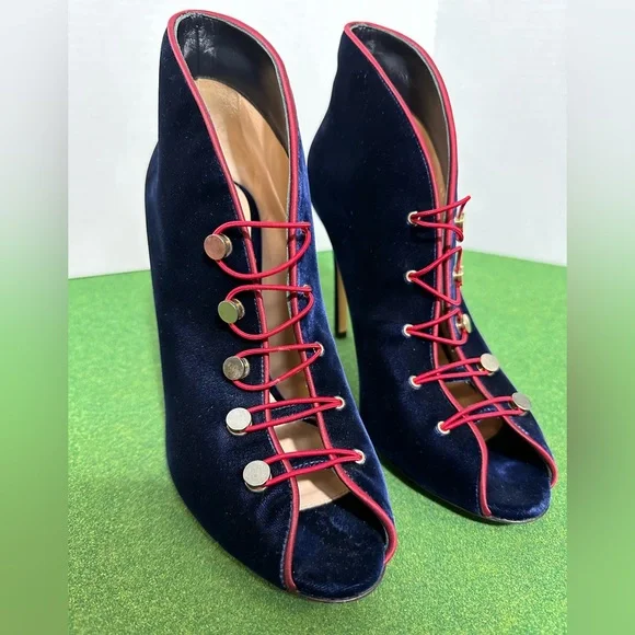 Gianvito Rossi Navy Blue Velvet Peep Toe Booties Pumps Heels Size 41 US 11